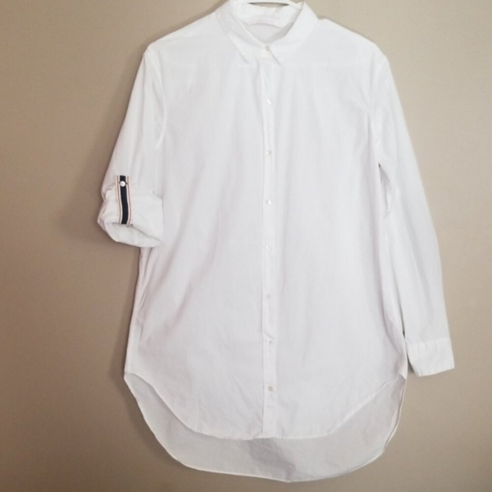 NWT ZARA White Button-Up Poplin relaxed fit Shirt Dress Navy Striped Logo Stripe